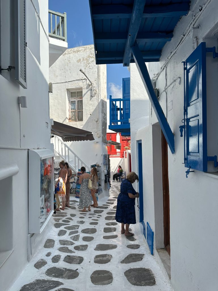 Greek phrases street scene Mykonos