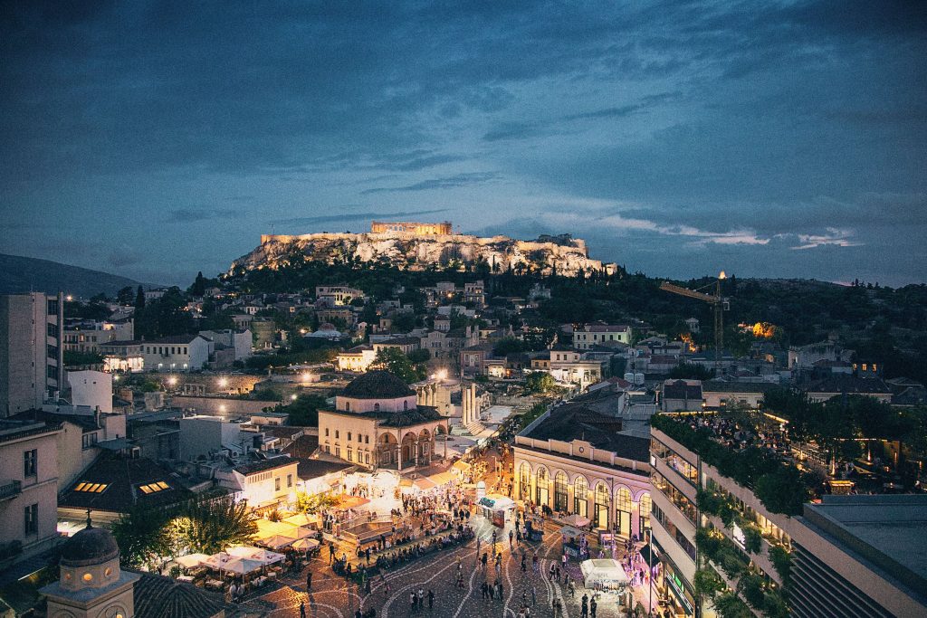 Athens Greece travel blog Greek island street scene at night